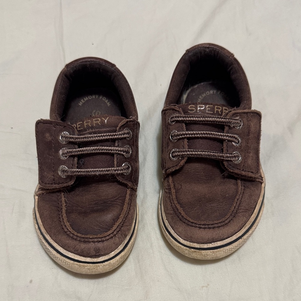 Sperry Top Sider Shoes Ollie Jr Brown Leather Toddler Slip On Velcro Boat Shoes